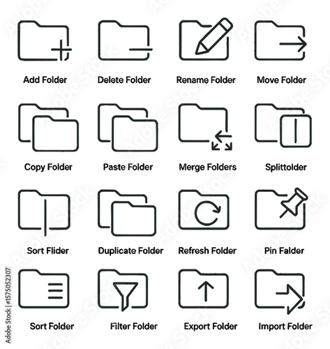 File Management Actions line art icons. add folder, delete folder, rename folder, move folder, copy folder, paste folder, drag folder, merge folders, split folder, duplicate folder