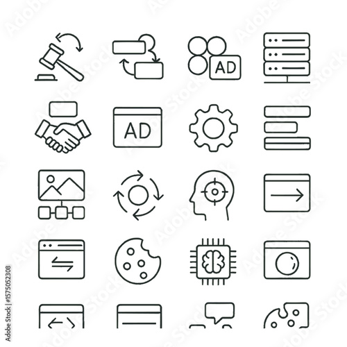 Programmatic Advertising line art icons. Real-time bidding, ad exchange, DSP icon, SSP icon, ad server, programmatic deal, ad slot, automation gear, data layer, media inventory,