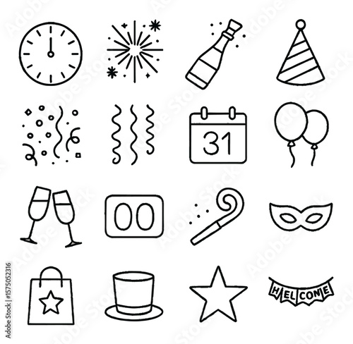 New Year’s Eve line art icons. Clock countdown, fireworks, champagne bottle, party hat, confetti, streamers, calendar, balloons, champagne glasses, 12 line art icons. 00 icon,