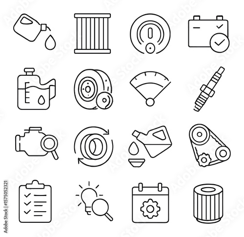 Basic Car Maintenance line art icons. Oil change, air filter, tire pressure, battery check, coolant level, brake pads, windshield wiper, spark plug, engine inspection, tire