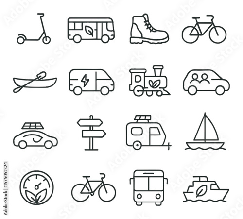 Eco-Friendly Transportation line art icons. Electric scooter, hybrid bus, walking boot, bicycle, canoe icon, electric van, nature train, ride-sharing car, solar vehicle, trail