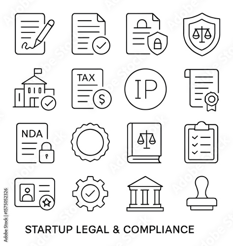 Startup Legal & Compliance line art icons. Contract icon, terms document, privacy policy, legal shield, startup registration, tax form, intellectual property, patent icon, NDA file