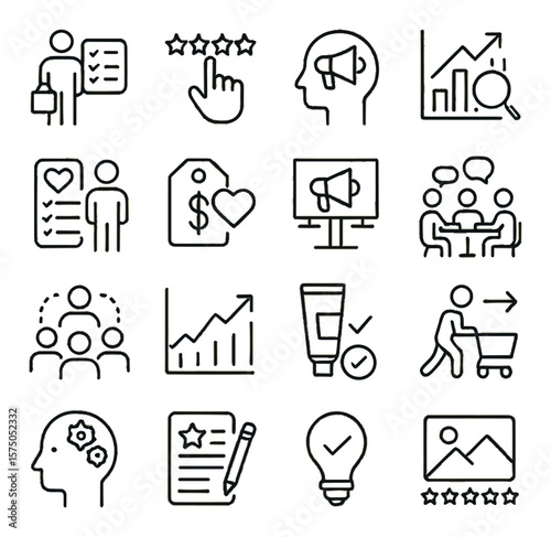 Market Research Survey line art icons. Consumer habits, product preferences, brand awareness, competitor comparison, lifeicons. survey, price sensitivity, advertising recall, focus
