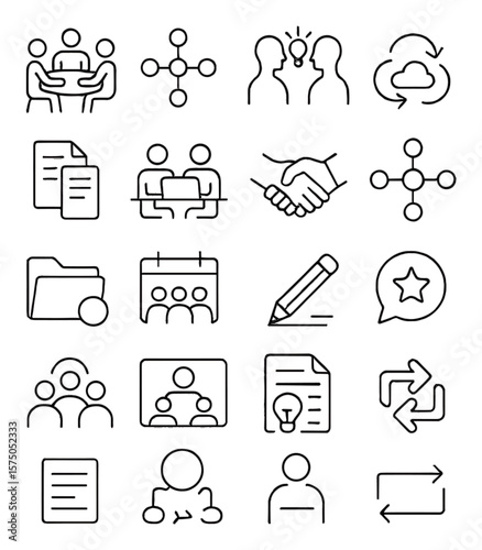Creative collaboration line art icons. team discussion icon, mind map, idea exchange, cloud sync, document sharing, co-working desk, handshakes, network nodes, shared folder, group