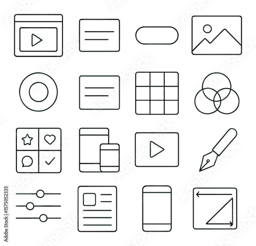 Ad Design Elements line art icons. Ad layout, headline block, CTA button, image placeholder, brand logo, ad text box, design grid, color palette, icon set, responsive view,