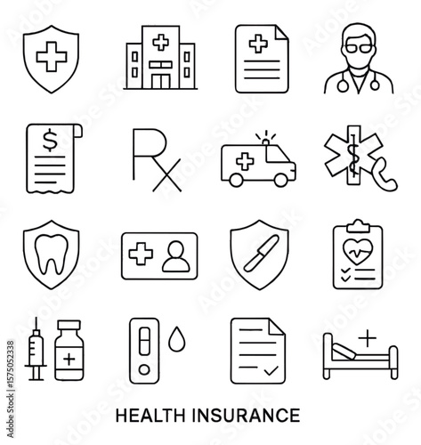 Health Insurance line art icons. Medical shield, hospital building, health policy, doctor icon, medical bill, prescription icon, ambulance icon, emergency service, dental coverage,