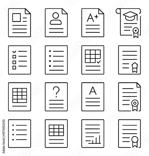 Education Documents line art icons. homework file, student report, grade sheet, diploma, admission form, course syllabus, attendance sheet, exam paper, question sheet, answer sheet
