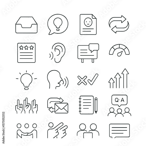 Feedback & Communication line art icons. Open inbox, suggestion bubble, feedback icon, response loop, review sheet, listening ear, message board, trust meter, idea sharing, voice
