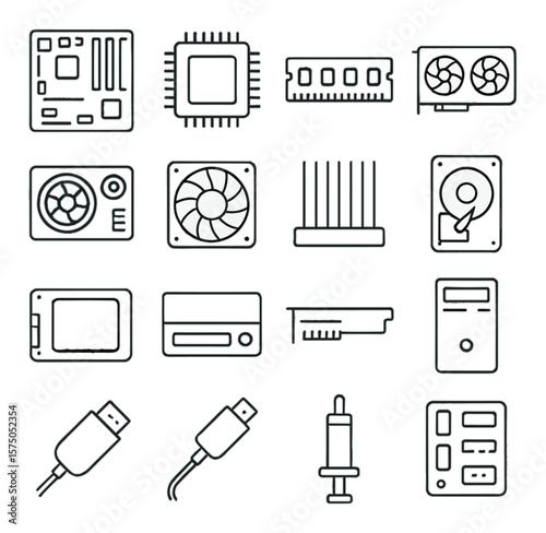 Computer Hardware line art icons. Motherboard, CPU chip, RAM stick, GPU card, power supply, cooling fan, heatsink, hard drive, SSD, optical drive, PCI slot, computer case, USB port