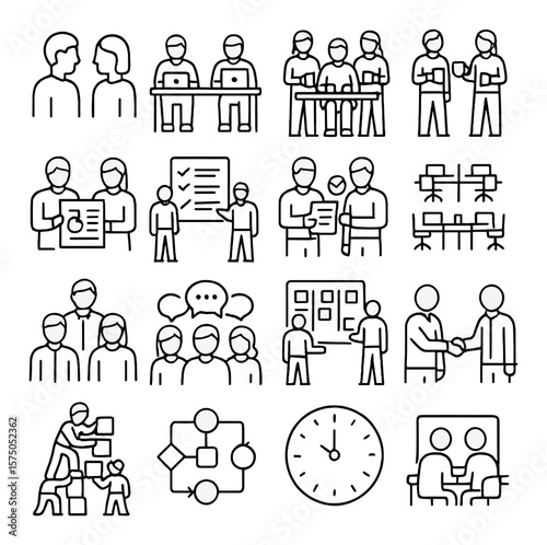 Office Team Dynamics line art icons. Coworkers talking, office desk collaboration, shared workspace, team coffee break, joint report, team task manager, peer review icon, open