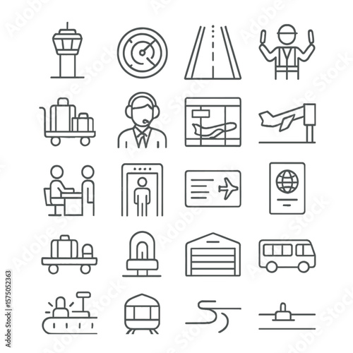 Airport operations line art icons. control tower, radar, runway, ground crew, luggage cart, air traffic controller, terminal gate, boarding bridge, check-in counter, security scan,
