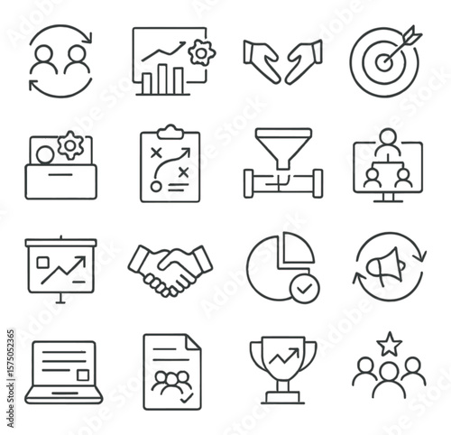 Sales and Marketing Alignment line art icons. Team sync icon, shared KPI chart, lead handoff, aligned goals, sales enablement toolkit, joint strategy plan, pipeline integration,