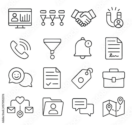 Sales Enablement line art icons. CRM dashboard, deal pipeline, handshake icon, lead magnet, cold call icon, conversion funnel, follow-up reminder, proposal doc, customer feedback,
