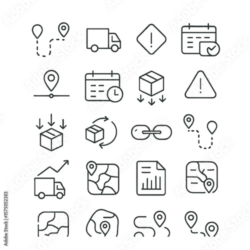 Logistics Planning line art icons. Route map, delivery timeline, priority label, logistics calendar, distance marker, delivery schedule, inventory flow, stock alert, order