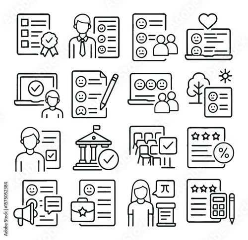 Academic and Education Surveys line art icons. Course evaluation, teacher feedback, campus services, learning satisfaction, online learning review, test difficulty, peer review,