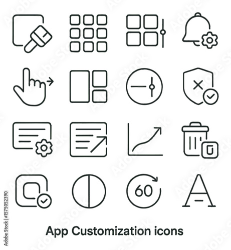 App Customization line art icons. theme chooser, app grid, icon size adjuster, notification settings, gesture controls, interface layout, display density, app permissions, custom