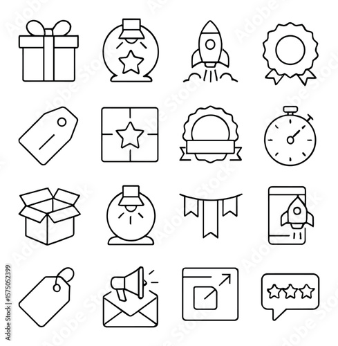 Product Launches line art icons. Box with ribbon, product spotlight, launch rocket, promo sticker, limited offer tag, feature icon, new arrival badge, countdown clock, packaging