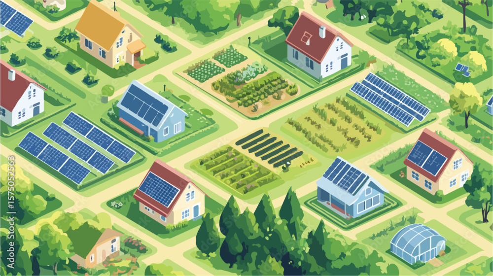 Fototapeta premium Isometric Rural Area with Houses and Solar Panels