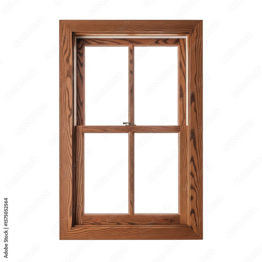 Classic wooden double hung window with natural wood grain finish isolated on transparent background Classic wooden double hung window with natural wood grain finish isolated on transparent background