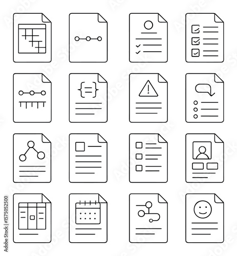 Project Documentation line art icons. Gantt chart file, timeline doc, project brief, task list, milestones page, requirements sheet, risk log, change request, stakeholder map,