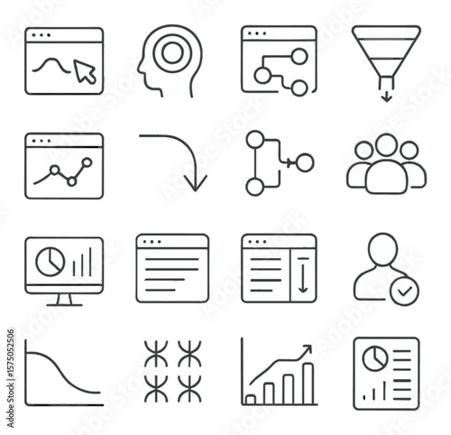 User Behavior Analytics line art icons. Clickstream icon, heat zone, user session path, funnel journey, event tracking, bounce rate icon, conversion path, audience segments,