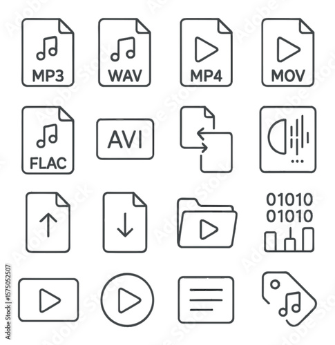 Multimedia files and formats line art icons. MP3 file, WAV file, MP4 file, MOV file, FLAC file, AVI icon, file converter, codec icon, file upload icon, file download icon, media
