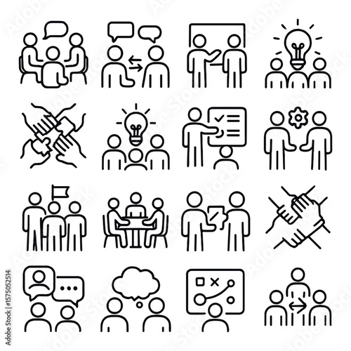 Team Collaboration line art icons. Group discussion, idea exchange, shared whiteboard, team brainstorming, collaborative puzzle, teamwork lightbulb, team checklist, joint task icon