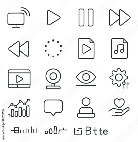 Streaming media line art icons. live stream icon, play button, pause icon, fast forward, rewind, buffering icon, video file, audio file, stream dashboard, webcam, view counter,