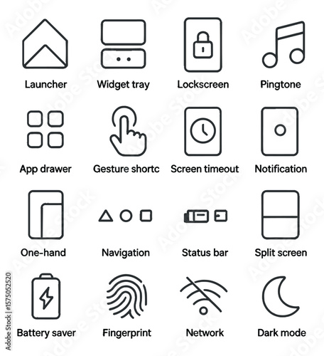 Mobile Customization line art icons. launcher icon, widget tray, lockscreen setting, ringtone picker, app drawer toggle, gesture shortcut, screen timeout, notification light,