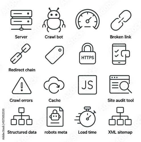 Technical SEO line art icons. Server icon, crawl bot, site speed gauge, broken link, redirect chain, canonical tag, HTTPS padlock, mobile test icon, crawl errors, cache icon,