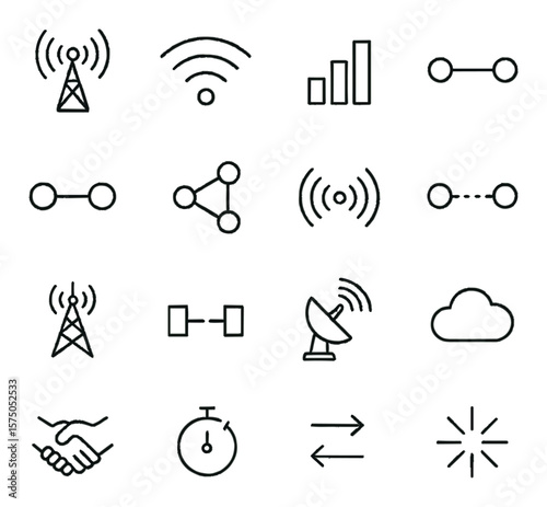 Network Communication line art icons. Signal tower, Wi-Fi symbol, network bars, antenna, peer-to-peer icon, mesh node, radio waves, point-to-point link, cellular tower, duplex