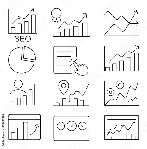 SEO Analytics line art icons. SEO graph, ranking chart, bounce rate, user flow icon, traffic source pie, click-through rate, Google Analytics icon, impressions graph, session icon,