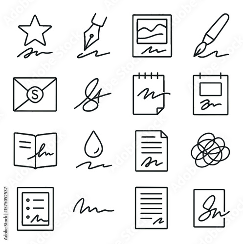 Creative Signing Themes line art icons. Autograph star, calligraphy pen, signed artwork, pen flourish, envelope seal, signature stroke, sketch pad, exhibition paper, creative