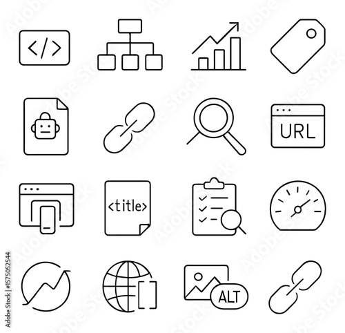 Website SEO Features line art icons. Meta tag, sitemap icon, SEO chart, keyword tag, robots.txt file, backlink symbol, search ranking arrow, URL structure, mobile optimization,