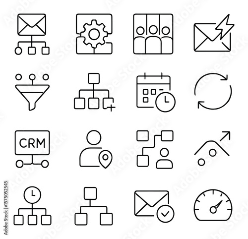 Marketing Automation Tools line art icons. Drip email flow, workflow gear, segmentation icon, triggered message, automation funnel, rule builder, scheduled send, data sync icon,
