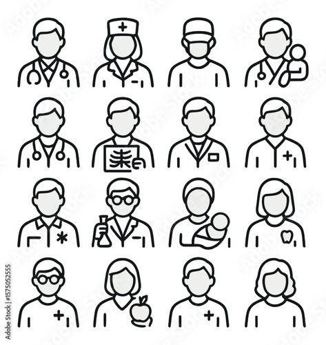 Medical Personnel line art icons. Doctor icon, nurse symbol, surgeon figure, pediatrician icon, therapist badge, radiologist, pharmacist icon, healthcare assistant, EMT figure, lab