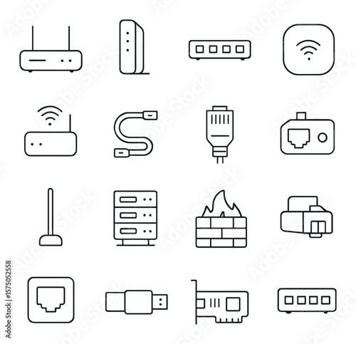 Networking Hardware line art icons. Router, modem, network switch, access point, signal booster, network cable, RJ45 connector, patch panel, Wi-Fi antenna, server rack, firewall