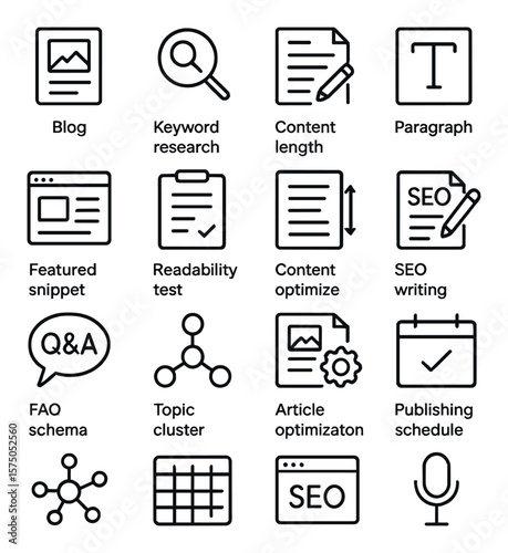 Content SEO line art icons. Blog post icon, keyword research, content editor, paragraph block, featured snippet, readability test, content length, SEO writing icon, FAQ schema,
