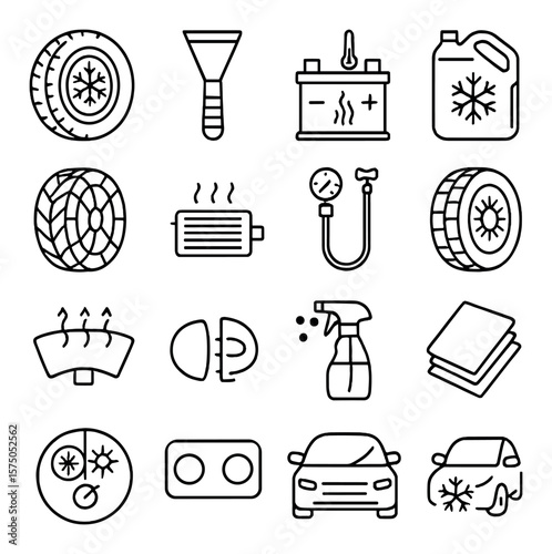 Seasonal Car Prep line art icons. Snow tires, windshield scraper, battery warmer, antifreeze icon, tire chains, heater check, AC recharge, summer tires, defrost icon, fog light,