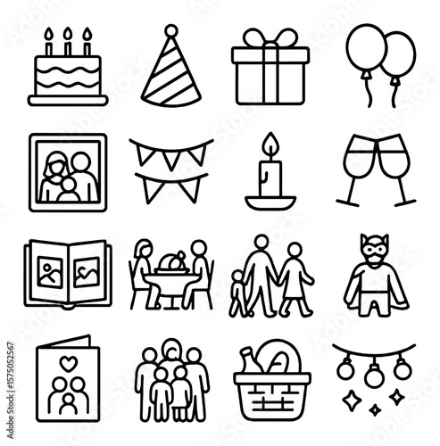 Family Celebrations line art icons. Birthday cake, party hat, gift box, balloons, family photo, festive banner, candle icon, shared toast, memory scrapbook, dinner feast, family