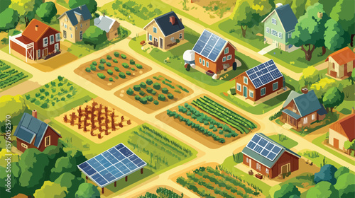 Isometric Rural Community with Houses and Solar Panels