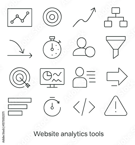 Website Analytics Tools line art icons. Visitor graph, heatmap, conversion rate, traffic source icon, bounce rate, average session time, real-time visitor, funnel chart, goal