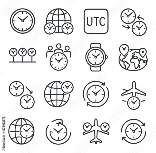 Time Zones line art icons. World clock, globe with clocks, UTC symbol, time conversion icon, city clocks, international meeting time, dual timezone watch, map with time markers,