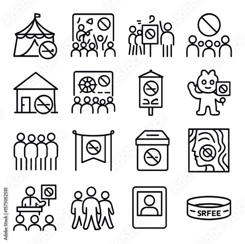 Cultural and public awareness line art icons. festival tent with no smoking icon, music concert no smoking badge, parade with anti-smoking poster, public gathering ban sign,