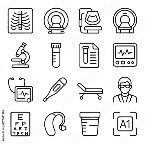 Medical Diagnostics line art icons. X-ray, MRI scanner, ultrasound device, CT scan icon, microscope, blood test vial, lab report, ECG machine, stethoscope monitor, thermometer icon