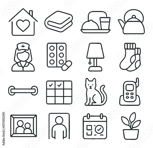 Support at Home line art icons. House with heart, comfort blanket, food tray, tea kettle, home nurse icon, medication dispenser, bedside light, warm socks, safety rail, daily task