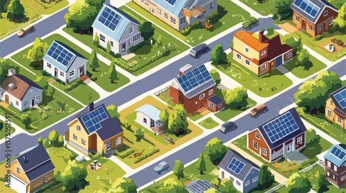 Isometric Solar Powered Rural Neighborhood Scene
