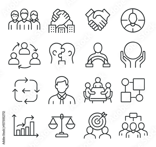 Cross-Functional Teams line art icons. Diverse team icon, departmental icons, interlinked hands, skill set wheel, team rotation, role alignment, communication bridge, shared