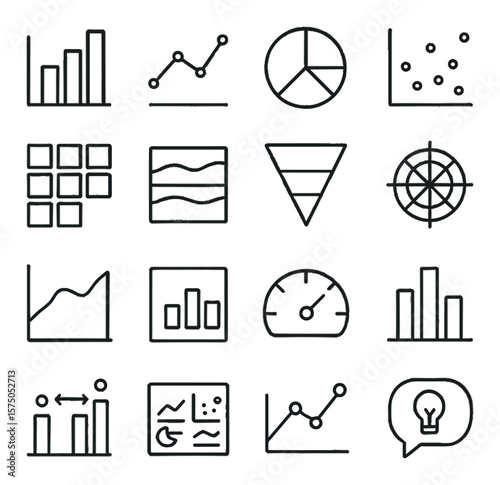Data Visualization line art icons. Bar chart, line graph, pie chart, scatter plot, heatmap, stacked chart, funnel diagram, radar chart, area chart, dashboard panel, KPI meter,