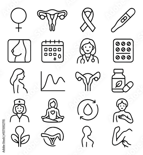 Women's health line art icons. female symbol, uterus, breast cancer ribbon, pregnancy test, mammogram, menstrual calendar, gynecologist icon, birth control pills, baby bump,